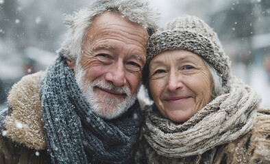Loving senior couple enjoy a walk together on a winter day