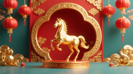 A golden horse in front of a traditional Chinese background for the 2026 New Year.