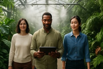 Diverse team of professionals in greenhouse analyzing data on tablet, surrounded by lush plants under soft natural light background. Ai generative