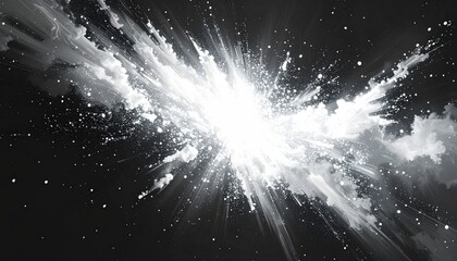 Dynamic abstract artwork showcases a brilliant burst of bright white energy expanding outwards against a dark backdrop, creating a visually stunning and impactful composition with expressive...