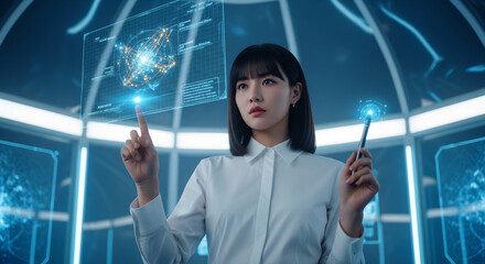 Asian woman interacting with a futuristic quantum map holographic display in a modern lab