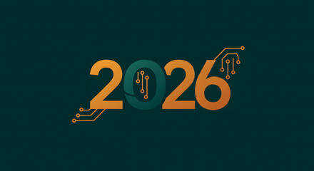 Futuristic concept for the year 2026 featuring golden typography with an integrated digital circuit board design on a dark background