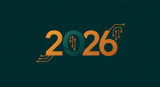 Futuristic concept for the year 2026 featuring golden typography with an integrated digital circuit board design on a dark background