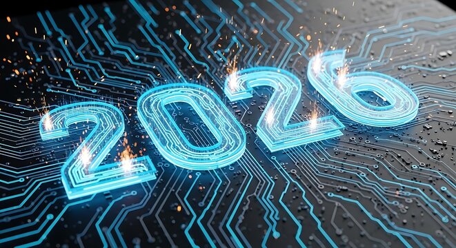 Futuristic 2026 digital technology glowing numbers circuit board design data flow innovation - Powered by Adobe