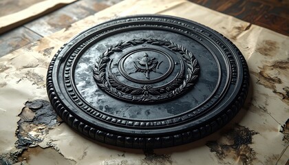 Detailed image depicts a dark, ornate, circular decorative element with a textured surface and intricate leaf patterns, resting on aged, stained paper, creating a vintage aesthetic, possibly...