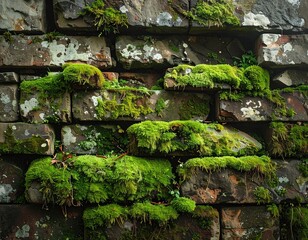 Weathered brick wall covered in vibrant green moss and various small plants showcases nature's reclaiming process, providing a textured  view with a natural and organic appeal.