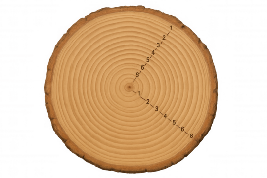 Wood tree ring cross-section with growth year numbers, showing age and dendrochronology on transparent background