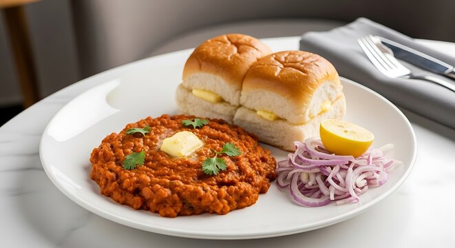Traditional Indian Pav Bhaji Dish Butter Garnished Fresh Cilantro White Plate
