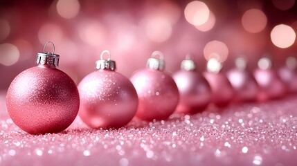 Decorative pink ornaments lined up on a sparkling background for festive holiday decoration displays