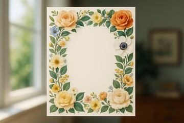 Elegant floral frame with pastel roses and wildflowers on cream paper, displayed against softly lit blurred indoor background. Ai generative. Ai generative