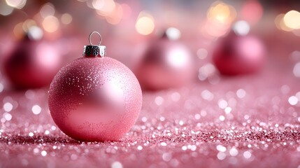 Fototapeta premium Shimmering pink Christmas ornaments on a sparkling surface for festive celebrations and holiday cheer