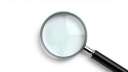 Create a realistic image of a magnifying glass with a clear, shiny lens and a polished metal handle. The background should be completely empty and plain to focus solely on the magnifying glass.