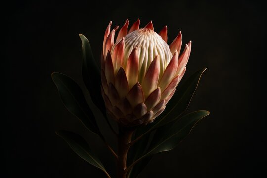 Close-up of a protea flower with soft lighting highlighting its petals and leaves on a dark background, evoking a sense of natural elegance. Ai generative
