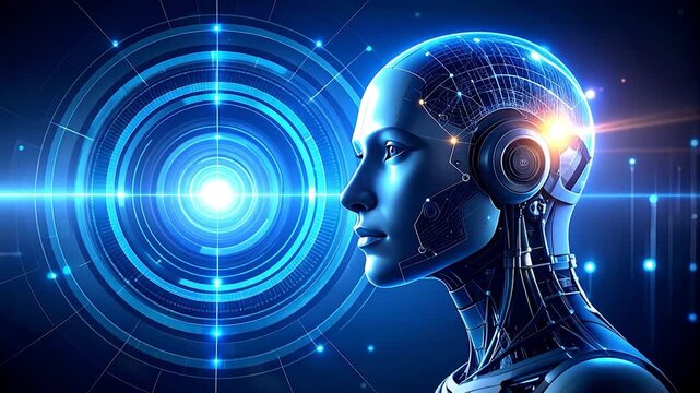 Close-up of a futuristic blue humanoid robot's head with glowing circuits against a digital, concentric background