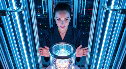 Female scientist intently observing a glowing cryogenic quantum core in a futuristic data center
