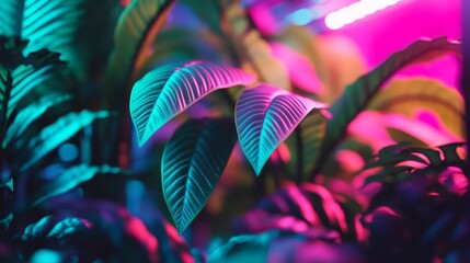 Vibrant tropical leaves illuminated by colorful neon lights. Nature meets creativity in a captivating display. Explore the beauty of plants in a unique setting. Generative AI