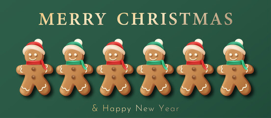 Cute gingerbread wearing hat and scarf in a row vector illustration. Merry Christmas Poster Design 