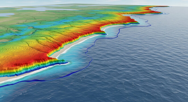 Colorful 3D topographic map visualizing a coastal landscape. Digital render displays detailed land elevations and ocean bathymetry contours along a dynamic shoreline, useful for geographic study