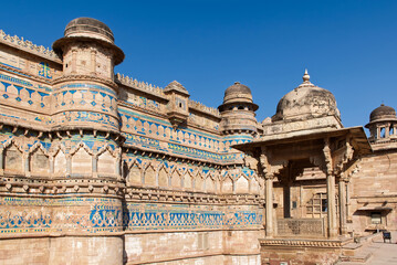 Magnificent ancient indian Gwalior fort with intricate blue tiles. Gwalior Qila, Madhya Pradesh, India.