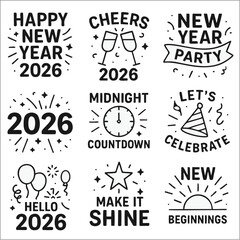 Fototapeta premium Happy New Year 2026 Typography and Ornament Bold Outline Icon Set, Festive Celebration Vector Pack