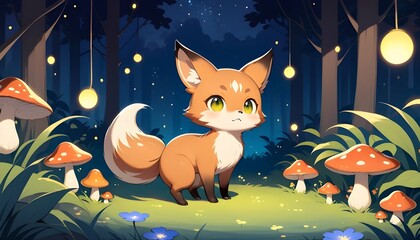 Adorable cartoon fox in glowing night forest