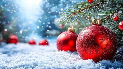 Obraz premium Beautiful red Christmas ornaments resting on soft snow with pine branches and snowflakes in a winter wonderland setting