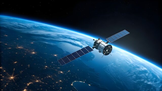 A Gleaming Low Earth Orbit Satellite Floating Gracefully Above Earth&rsquo;s Glowing Blue Atmosphere, Showcasing Advanced Technology, Global Connectivity, And The Serenity Of Space Exploration