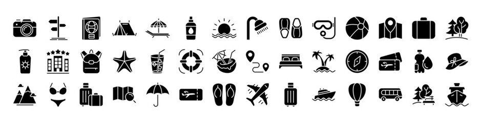 Summer Vacation Vector Icon Set | Travel, Beach, Tourism, Relaxation, Luggage, Passport, Hotel, Flight, Camping, Adventure, Holiday Essentials