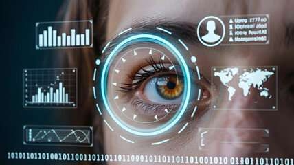 Futuristic vision with data overlay, unlocking insights with a glance, human eye meets technology for a high-tech future, data analysis, information access