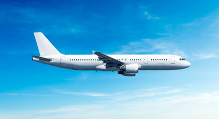 Obraz premium White airplane side view flying in the blue sky background commercial passenger jet. Modern passenger jet airplane.