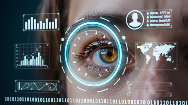 Futuristic vision with data overlay, unlocking insights with a glance, human eye meets technology for a high-tech future, data analysis, information access