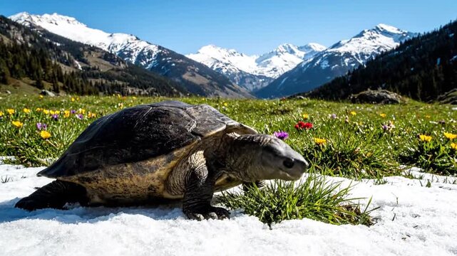 Turtle on Snowy Meadow with Blooming Flowers and Majestic Mountains in Background under Clear Blue Sky in Kyrgyzstan Scenery Depicts Wildlife in Natural Habitat on Bright Sunny Day