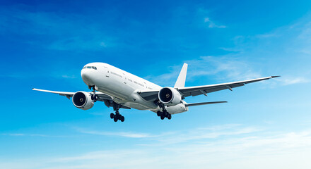Obraz premium White airplane corner view low angle flying in the blue sky background. Modern passenger jet airplane.