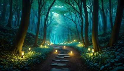  forest path glowing with lantern light