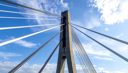 View of a tall bridge pylon with cables against a cloudy, blue sky