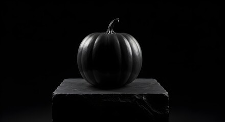 Black pumpkin on a dark pedestal halloween concept with dramatic lighting
