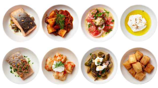 Assorted small plates of Mediterranean food