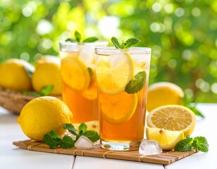 Fototapeta premium Lemon tea with fresh lemon slices, highlighting its health benefits and delicious, tangy flavor. Versatile for food and drink photography, health blogs, or recipe features.