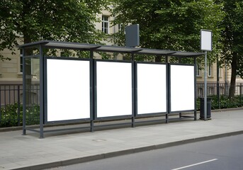 Four Blank White Advertising Billboards at a City Bus Stop Mockup.
