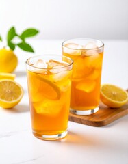 Fototapeta premium Lemon tea with fresh lemon slices, highlighting its health benefits and delicious, tangy flavor. Versatile for food and drink photography, health blogs, or recipe features.