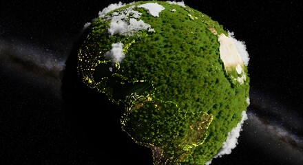 A verdant planet, partly obscured by clouds, glows with city lights against a starry void