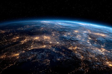 Obraz premium Stunning View of Earth from Space at Night Highlighting City Lights and Starry Sky in Blue and Black, Perfect for Science and Nature Themes