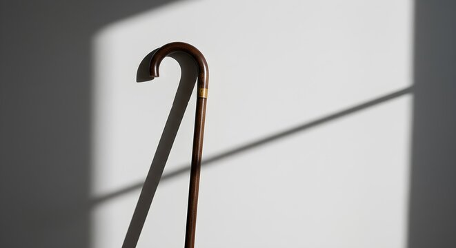 Elegant wooden cane casting shadow on a plain wall conceptual design