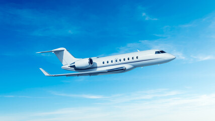 White private jet airplane side view flying in the blue sky background. Modern private jet airplane.