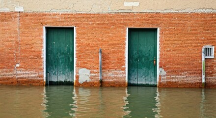 Venetian brick wall with flooded canal and green doors