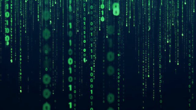 Abstract Green Binary Code Falling Like Rain On Dark Background