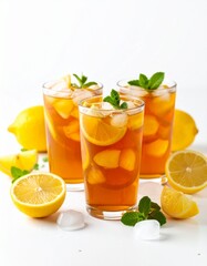 Fototapeta premium Lemon tea with fresh lemon slices, highlighting its health benefits and delicious, tangy flavor. Versatile for food and drink photography, health blogs, or recipe features.