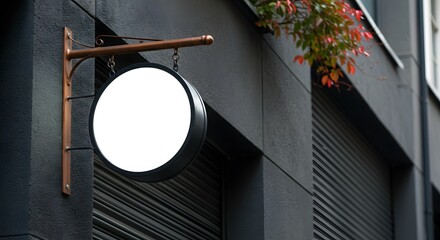 Blank white round sign mockup hanging on a dark modern building facade.