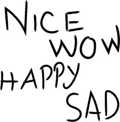 Handwritten words nice wow happy sad on white background
