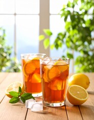 Fototapeta premium Lemon tea with fresh lemon slices, highlighting its health benefits and delicious, tangy flavor. Versatile for food and drink photography, health blogs, or recipe features.